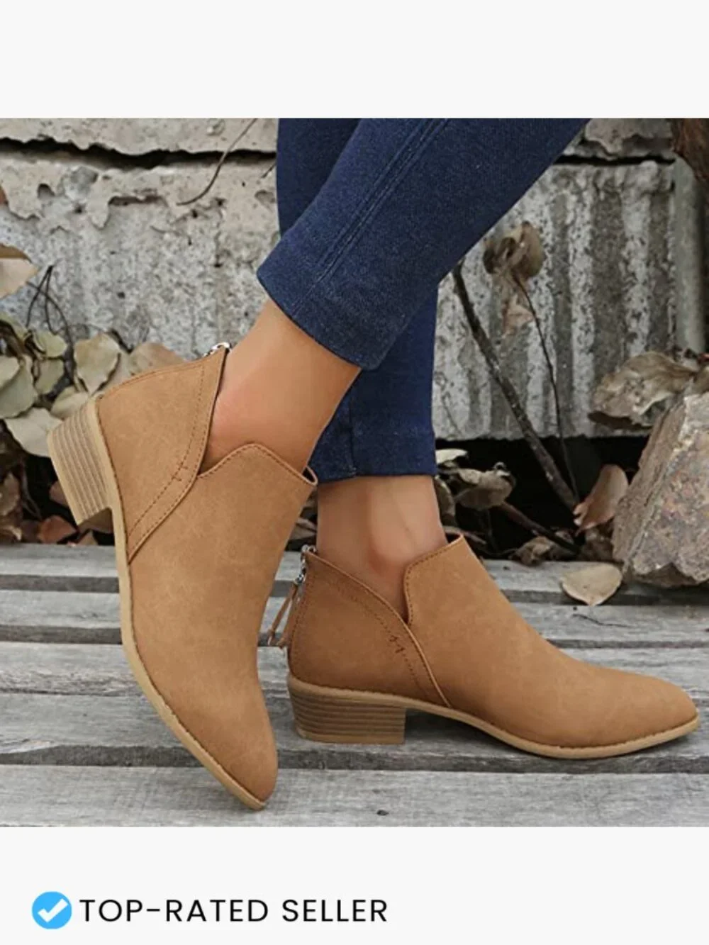 Casual Low Heeled Ankle Booties Chunky Block Heel Side V Cut Zip Closure